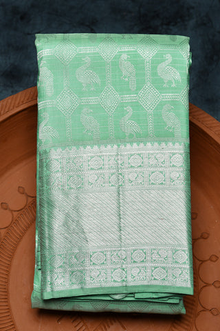 Silver Zari Big Border With Geometric And Birds Motif Sage Green Kanchipuram Silk Saree
