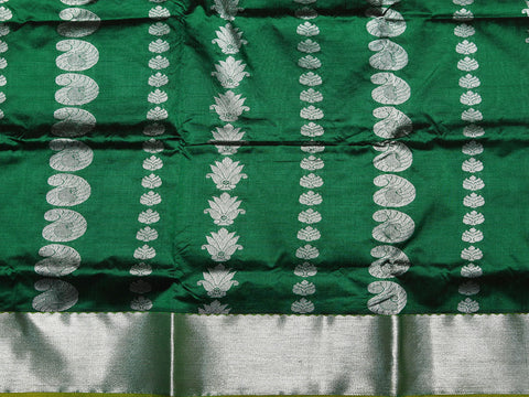 Silver Zari Border In Butta Bottle Green Kanchipuram Silk Unstitched Pavadai Sattai Material