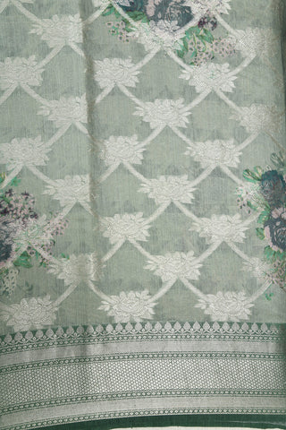 Silver Zari Border In Floral Design Sage Green Tussar Jute Silk Saree