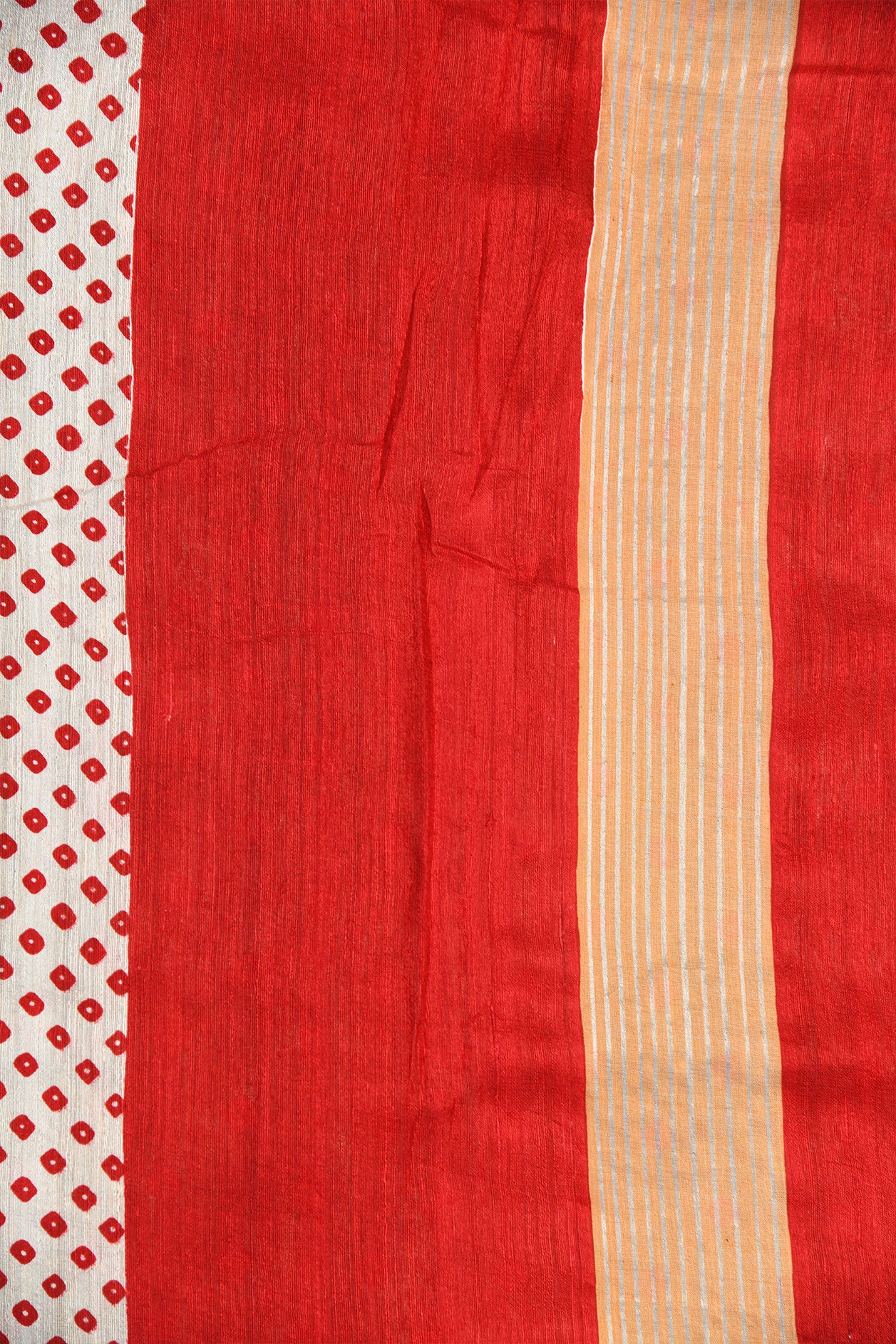Silver Zari Border With Bandhani Printed Off White And Red Linen Tussar Saree