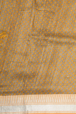 Silver Zari Border With Bandhani Printed Off White And Mustard Linen Tussar Saree
