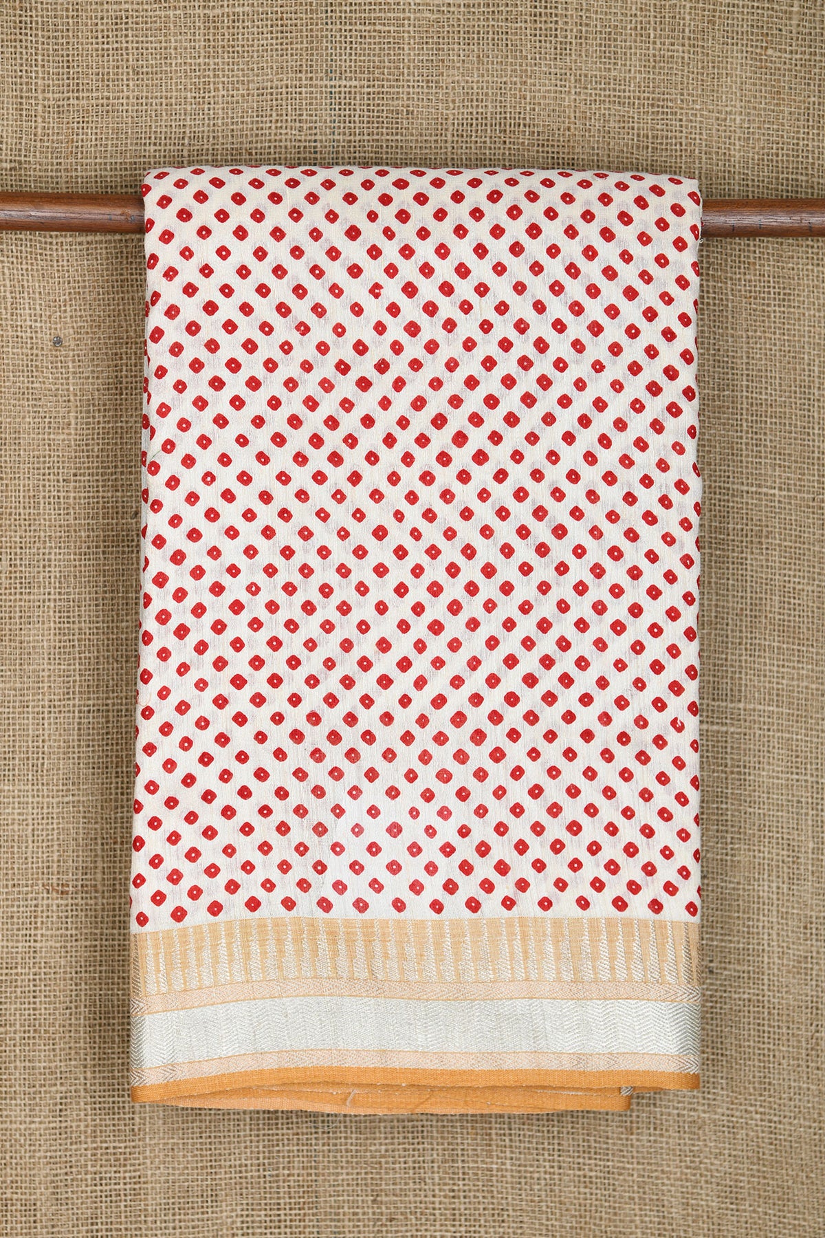 Silver Zari Border With Bandhani Printed Off White And Red Linen Tussar Saree