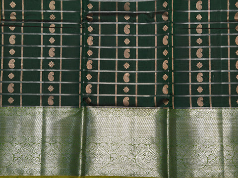 Silver Zari Border With Checks And Buttis Bottle Green Kanchipuram Silk Unstitched Pavadai Sattai Material