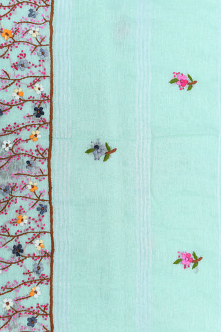 Silver Zari Border With Embroidered Floral Design Pastel Green Linen Saree