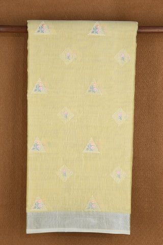 Silver Zari Border With Embroidered Geometric Pattern Soft Yellow Semi Kota Cotton Saree