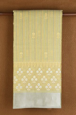 Silver Zari Border With Embroidered Stripes And Floral Butta Soft Yellow Semi Kota Cotton Saree