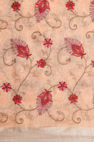 Embroidered Floral Creepers Design Pastel Orange Linen Cotton Saree