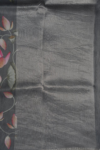 Silver Zari Border With Botanical Digital Printed Charcoal Grey Organza Silk Saree
