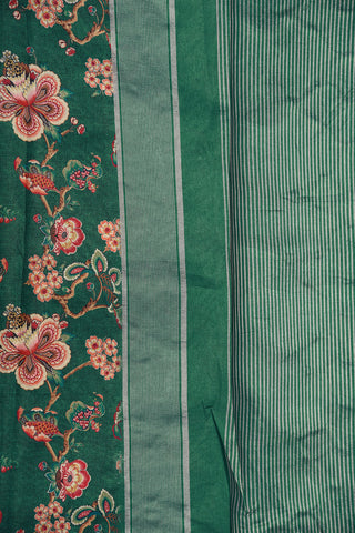 Silver Zari Border With Floral Digital Printed Forest Green Chanderi Silk Saree