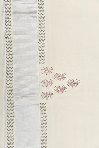 Silver Zari Border With Paisley Design Hand Block Printed Off White Onam Pure Cotton Saree