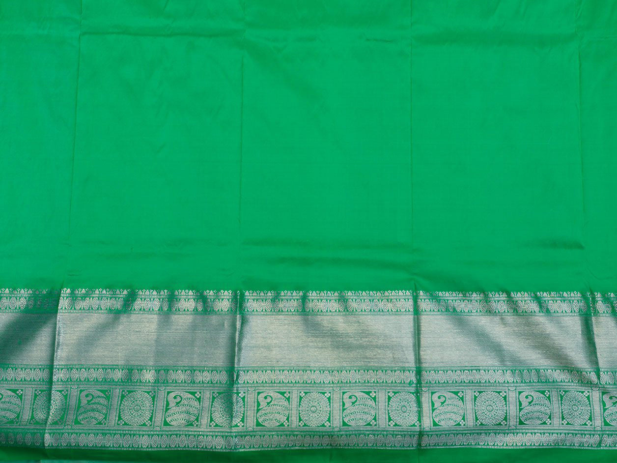Silver Zari Border With Paisley Buttas Off White Kanchipuram Silk Unstitched Pavadai Sattai Material