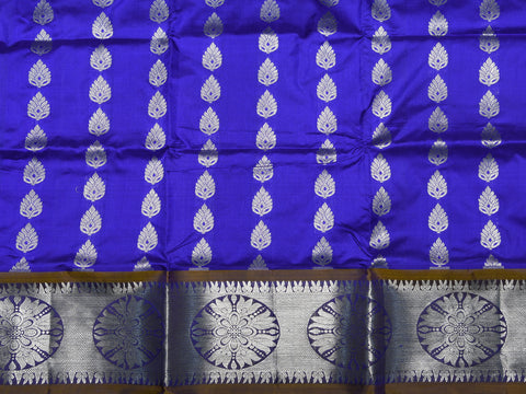Silver Zari Border With Thilagam Butta Cobalt Blue Kanchipuram Silk Unstitched Pavadai Sattai Material