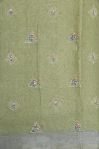 Silver Zari Border With Embroidered Geometric Pattern Pastel Green Semi Kota Cotton Saree
