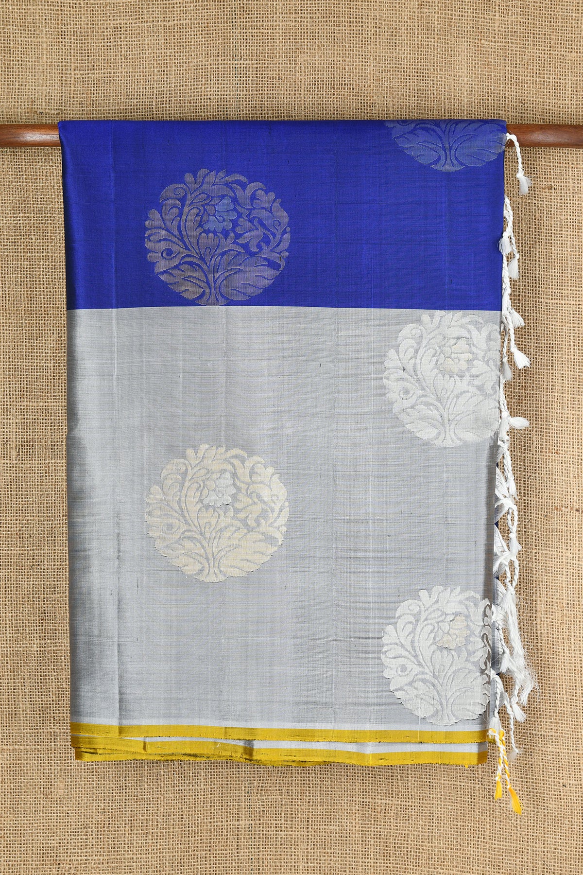 Silver Zari Floral Butta Half And Half Cobalt Blue And Grey Soft Silk Saree
