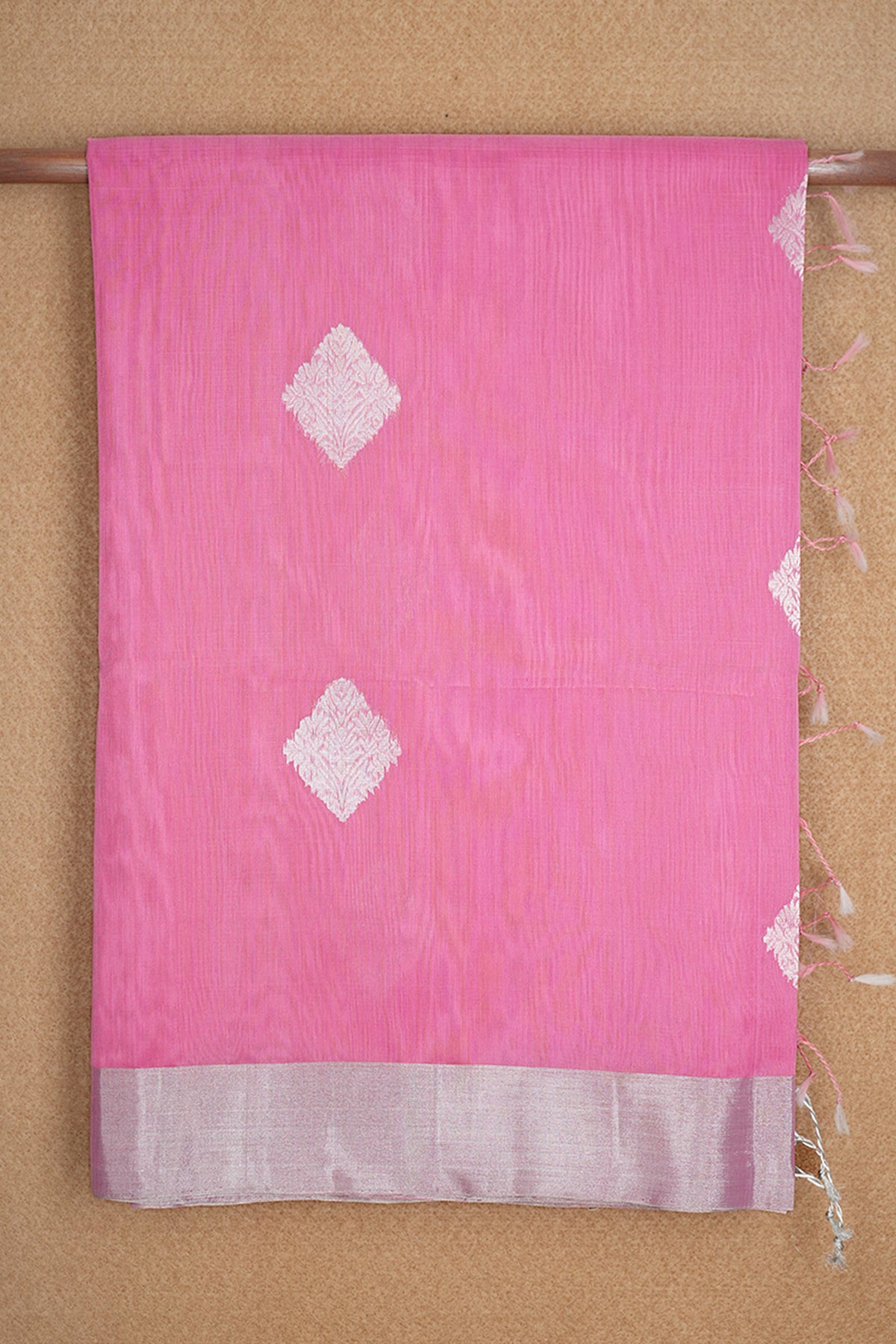 Silver Zari Floral Motifs Pink Kora Silk Cotton Saree
