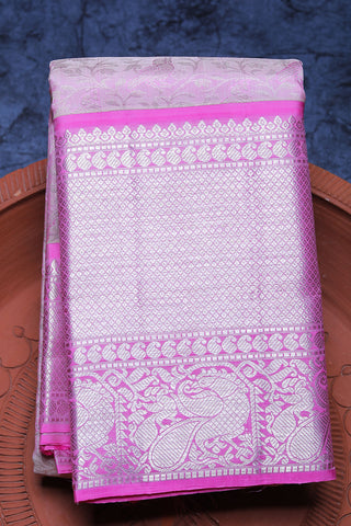 Silver Zari Mayilkan Border With Jacquard Peacock Design Pastel Pink Kanchipuram Silk Saree