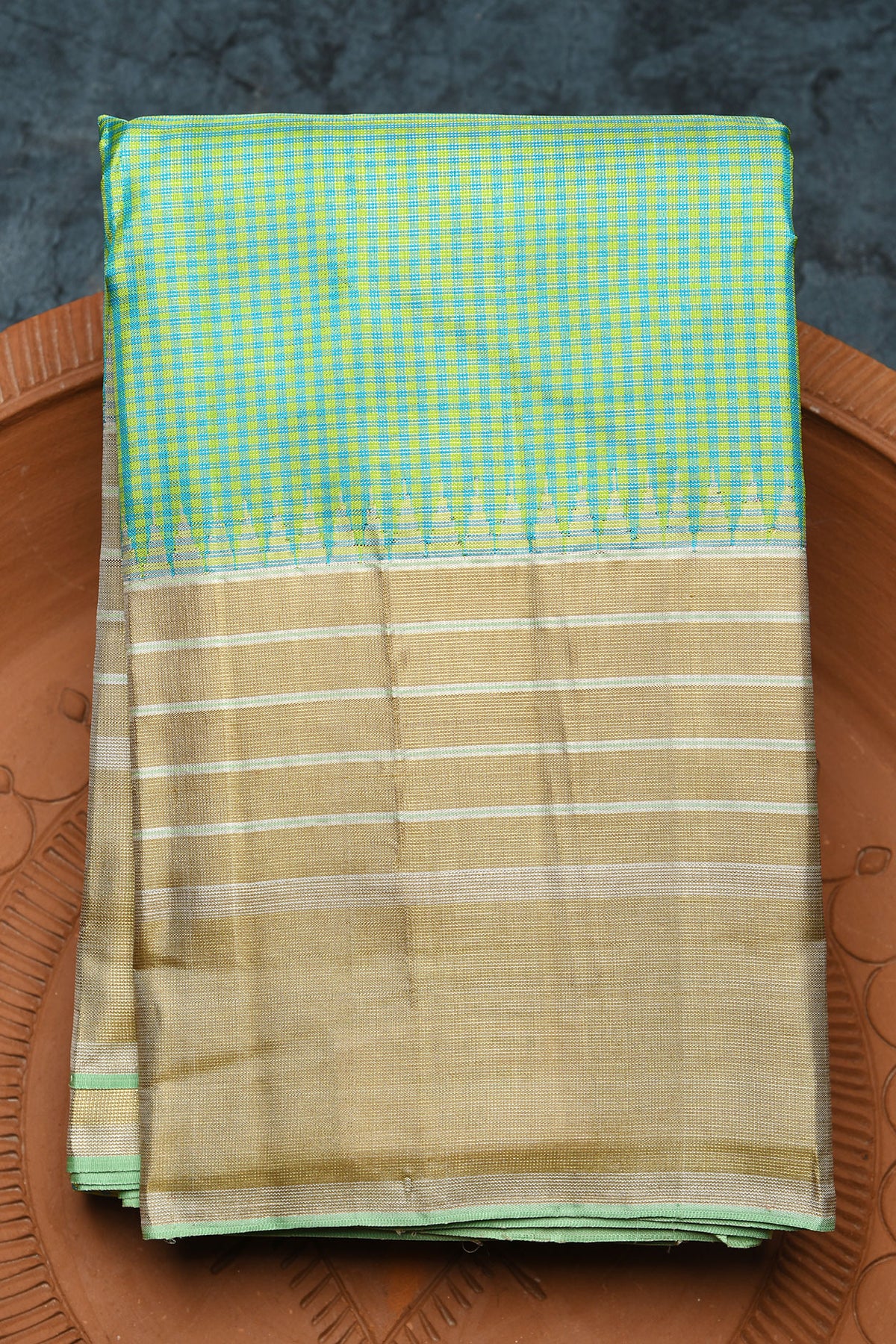Silver Zari Muthu Seer Border With Small Checks Blue And Lime Green Kanchipuram Silk Saree
