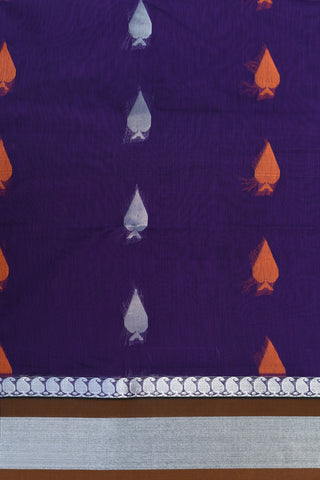 Silver Zari Paisley Border With Leaf Buttas Brinjal Purple Kora Silk Cotton Saree