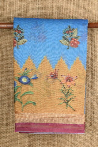 Small Border In Digital Floral Printed Cerulean Blue Semi Linen Silk Saree