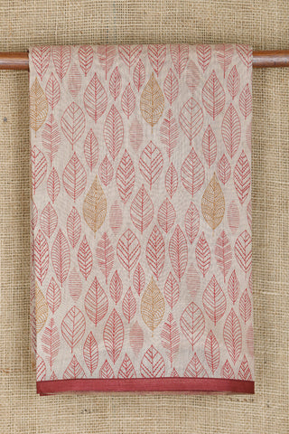 Small Border In Leaf Printed Cream Color Chanderi Cotton Saree