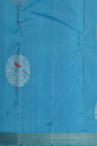 Small Border With Thread Work Peacock Butta Aegean Blue Kanchipuram Silk Saree