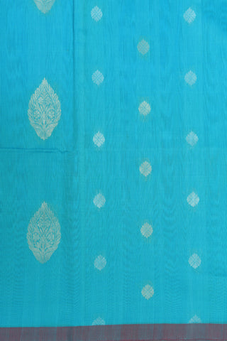 Small Border With Floral Zari Buttis Sky Blue Kora Silk Cotton Saree