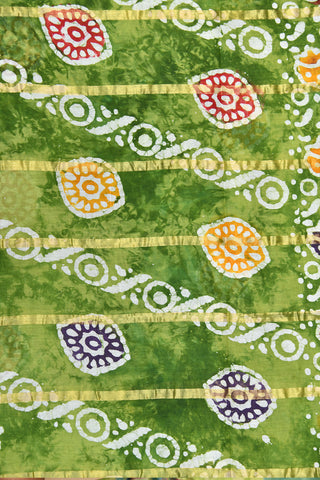 Small Border With Zari Stripes And Kolam Design Batik Printed Olive Green Hyderabad Cotton Saree