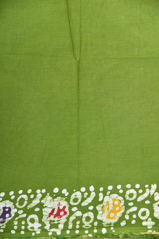 Small Border With Zari Stripes And Kolam Design Batik Printed Olive Green Hyderabad Cotton Saree