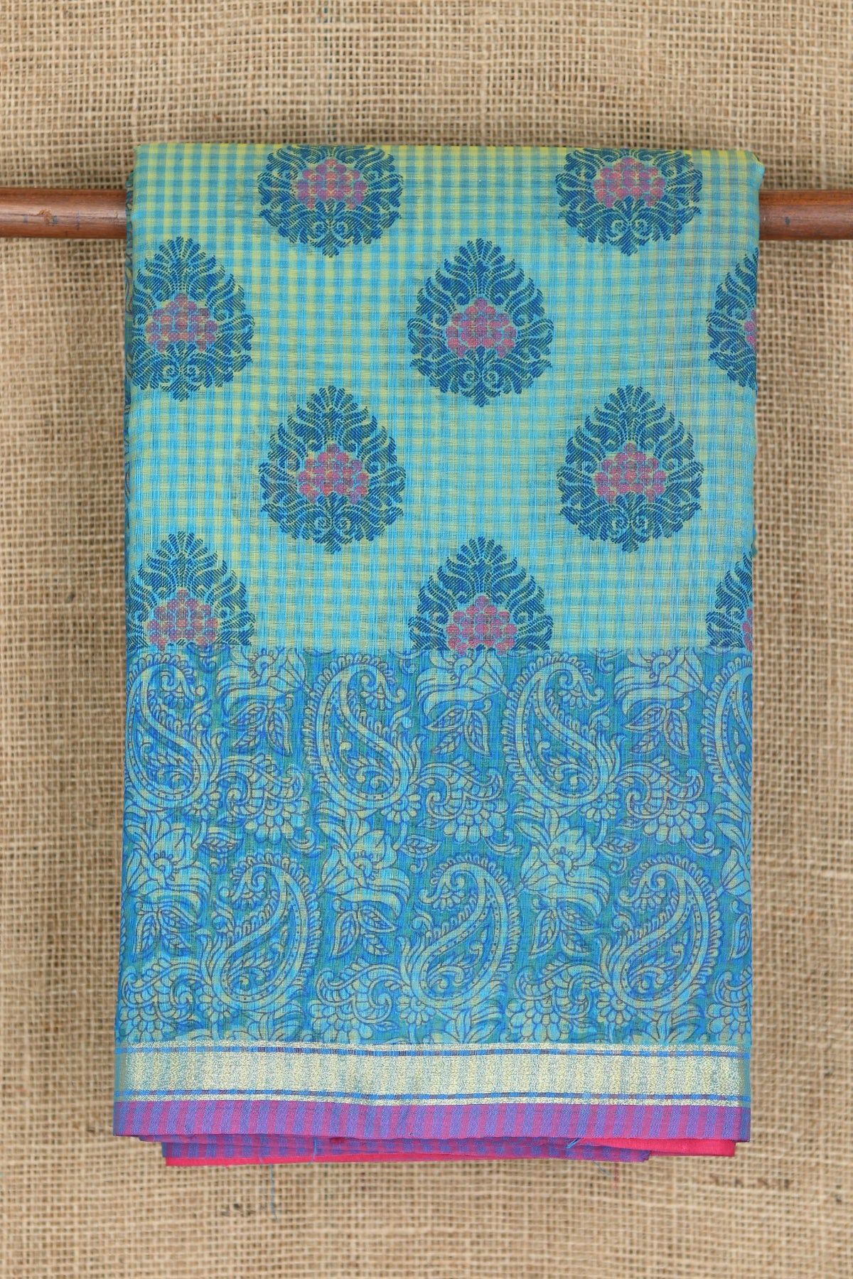 Small Border With Paisley And Floral Design Green And Blue Kota Cotton Saree