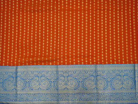 Small Buttas With Contrast Zari Border Reddish Orange Silk Pavadai Sattai Material