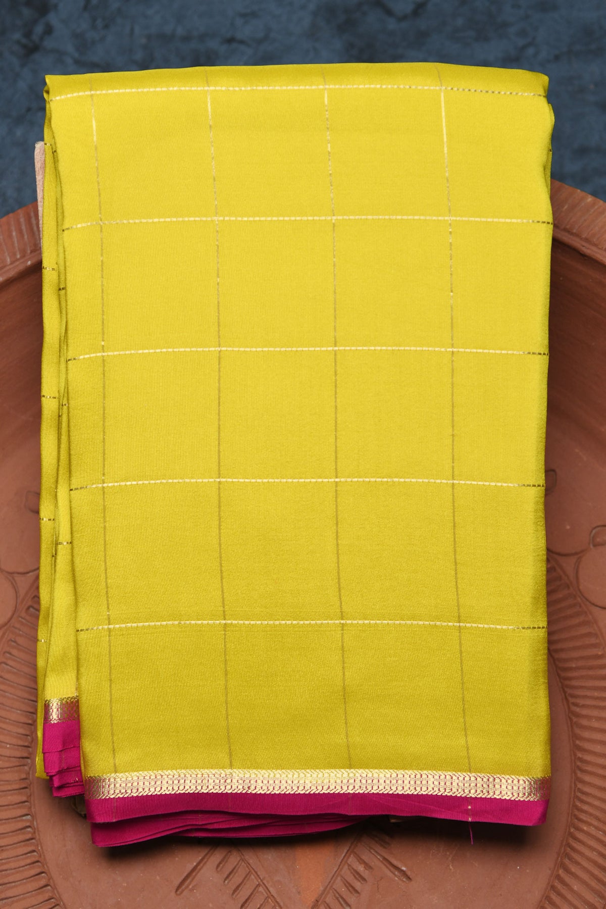 Small Contrast Border In Zari Checks Melon Yellow Mysore Silk Saree