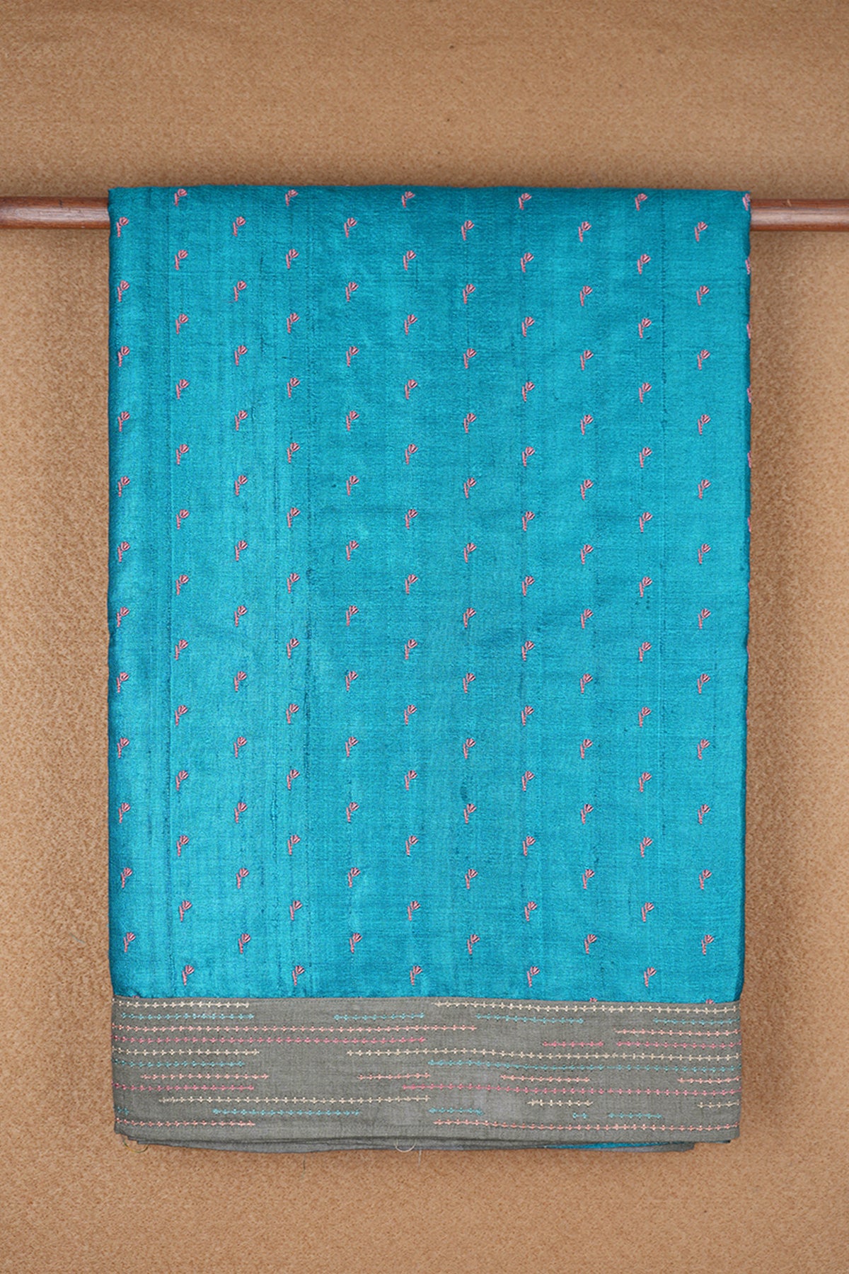 Small Embroidered Motifs Peacock Blue Tussar Silk Saree
