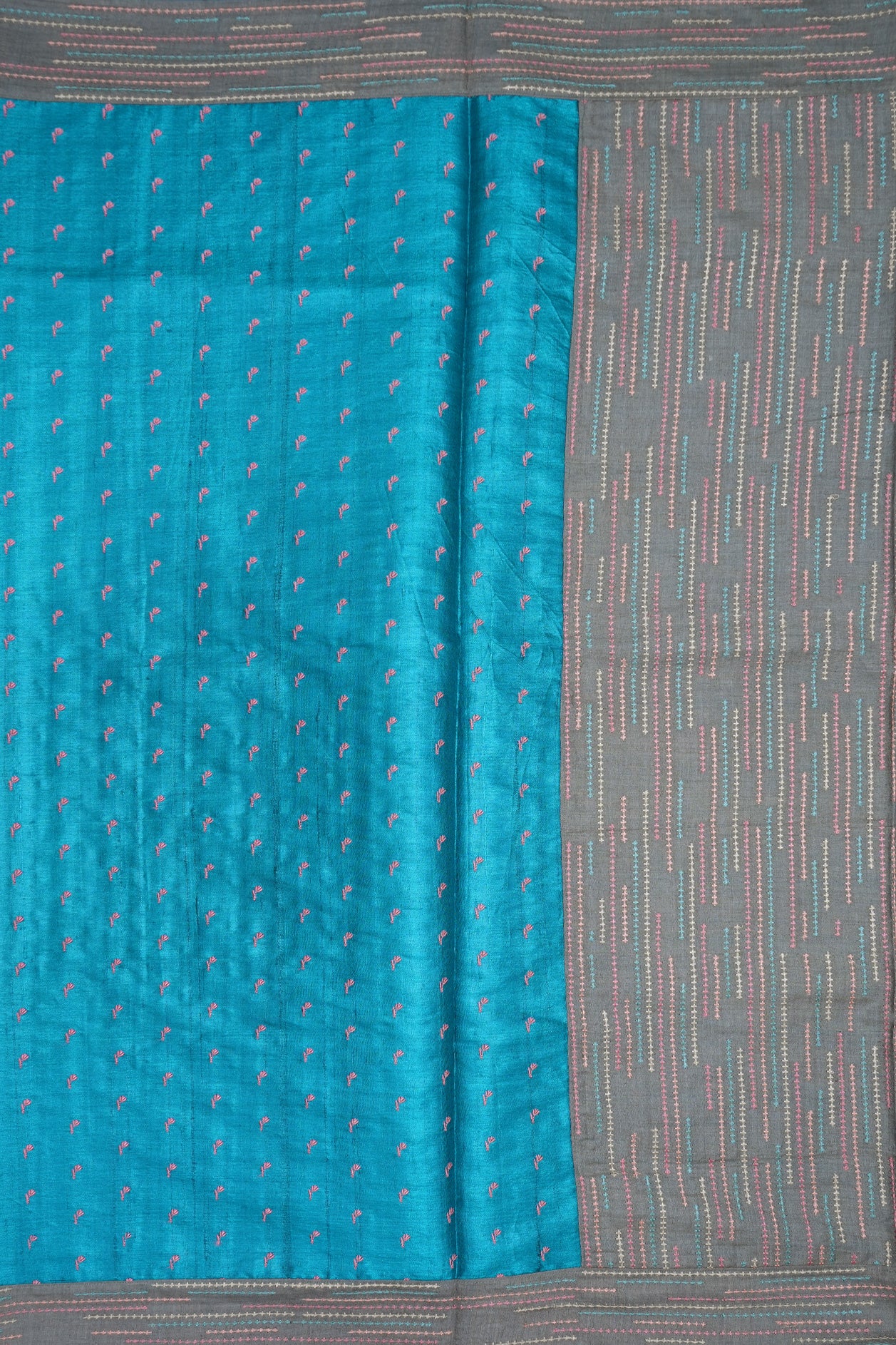 Small Embroidered Motifs Peacock Blue Tussar Silk Saree