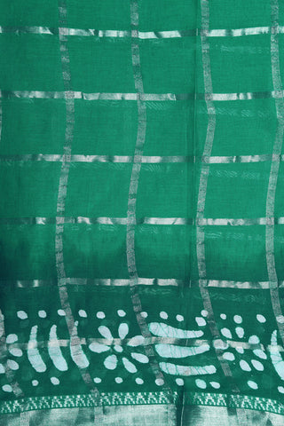 Small Silver Zari Border With Checks Fern Green Batik Printed Ahmedabad Cotton Saree