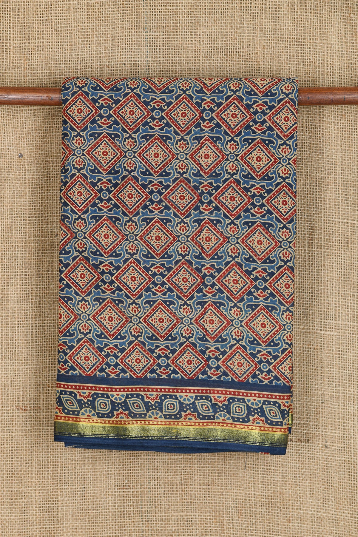 Small Zari Border With Allover Geometric Pattern Ajrakh Printed Aegean Blue Ahmedabad Cotton Saree