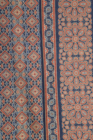 Small Zari Border With Allover Geometric Pattern Ajrakh Printed Aegean Blue Ahmedabad Cotton Saree