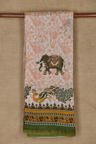 Small Zari Border With Animal Motifs Printed Cream Color Chanderi Cotton Saree