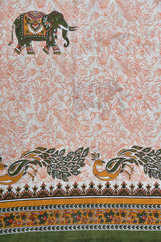 Small Zari Border With Animal Motifs Printed Cream Color Chanderi Cotton Saree