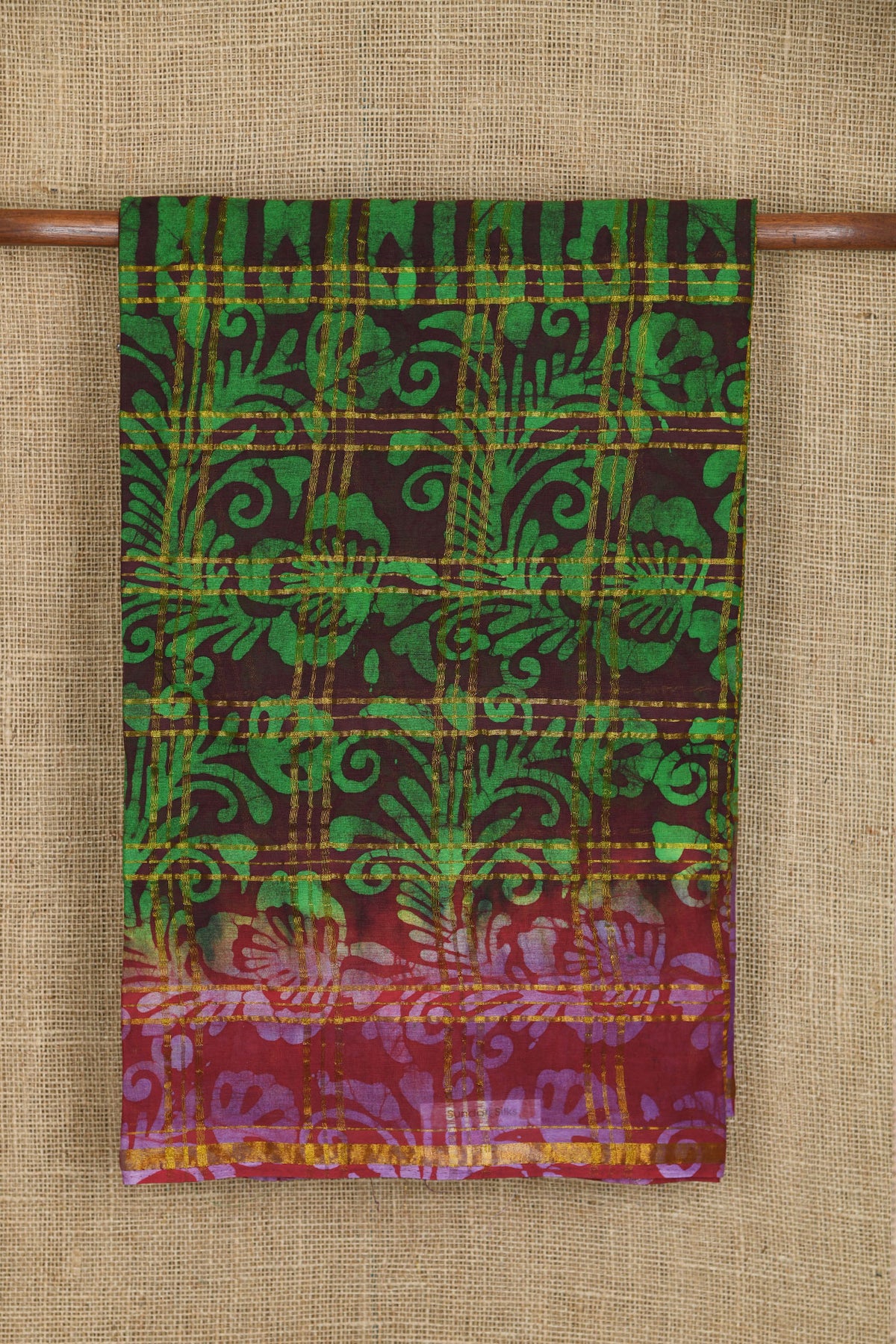 Small Zari Border With Checks Plum Brown Batik Printed Ahmedabad Cotton Saree