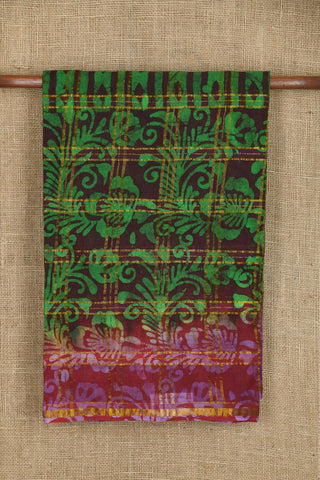 Small Zari Border With Checks Plum Brown Batik Printed Ahmedabad Cotton Saree
