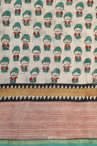 Small Zari Border With Human Figure Design Cream Color Chanderi Printed Cotton Saree