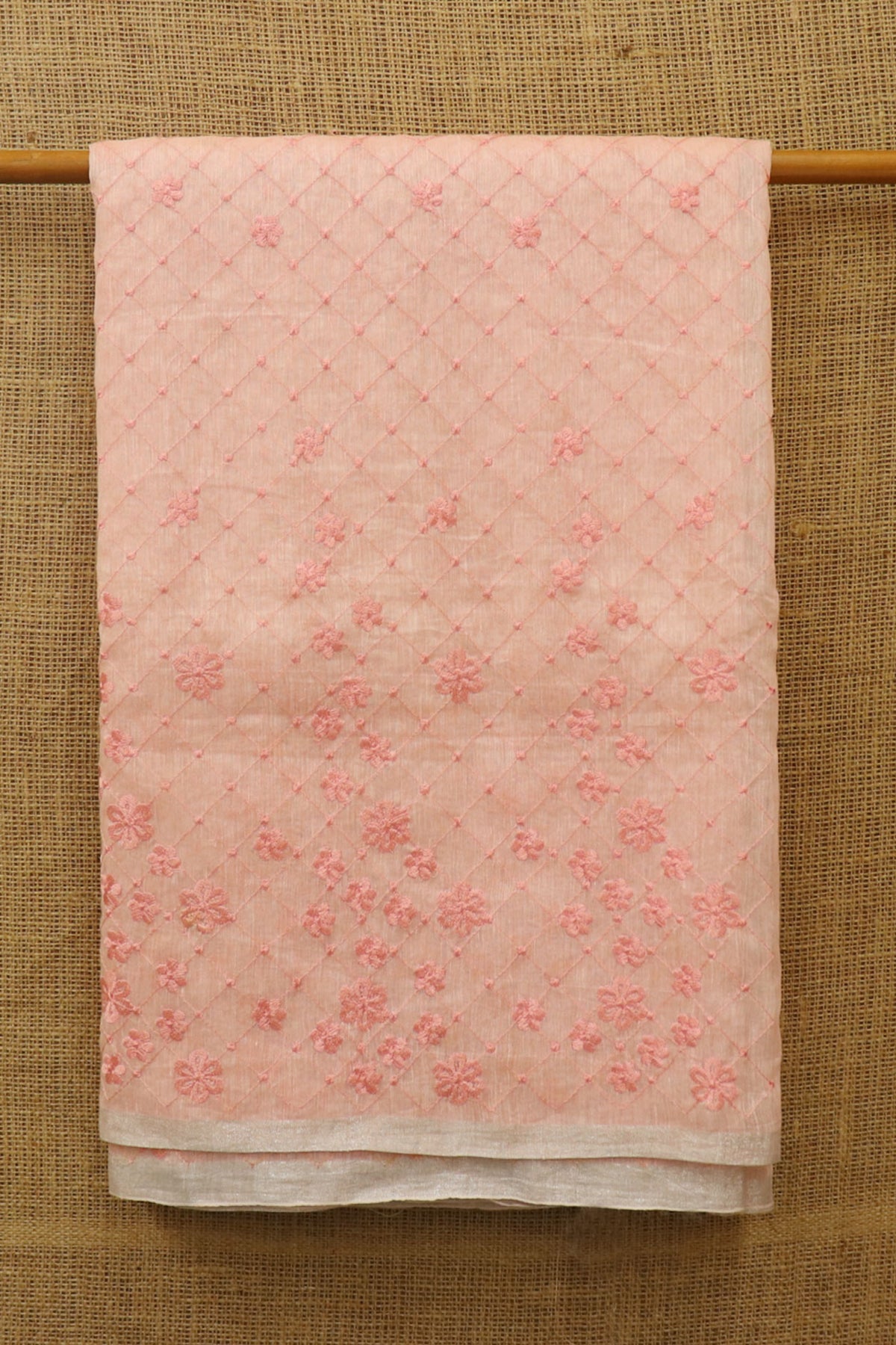 Small Zari Border With Embroidered Checks Pastel Pink Linen Saree