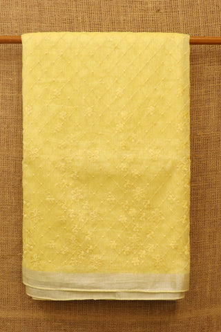 Small Zari Border With Embroidered Checks Yellow Linen Saree