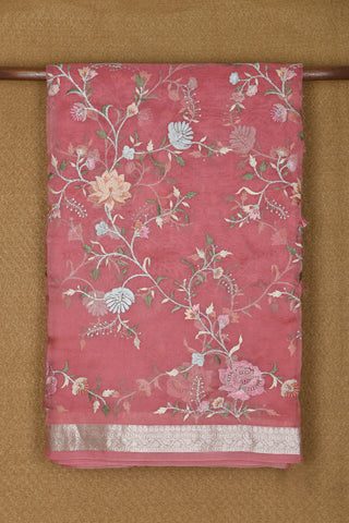 Small Zari Border With Embroidered Floral Design Blush Pink Organza Silk Saree