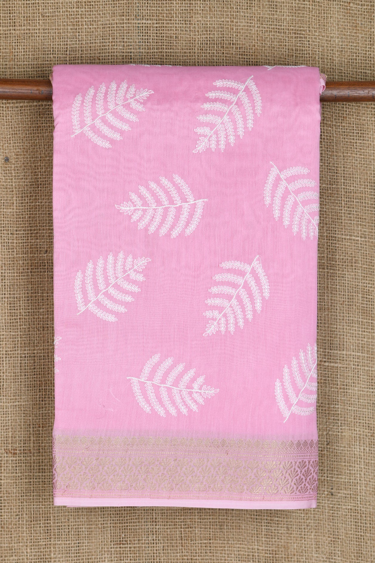 Small Zari Border With Embroidered Leaf Design Rose Pink Chanderi Silk Cotton Saree
