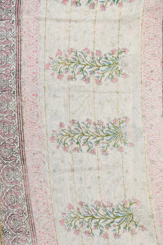 Small Zari Border With Floral Creepers Printed Pastel Green Chanderi Silk Cotton Saree