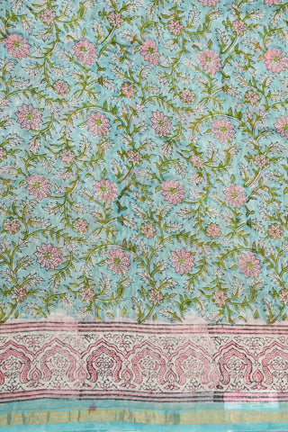 Small Zari Border With Floral Creepers Printed Pastel Green Chanderi Silk Cotton Saree