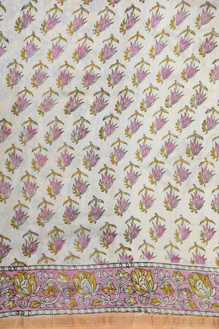 Small Zari Border With Floral Creepers Printed Peach Orange Chanderi Silk Cotton Saree