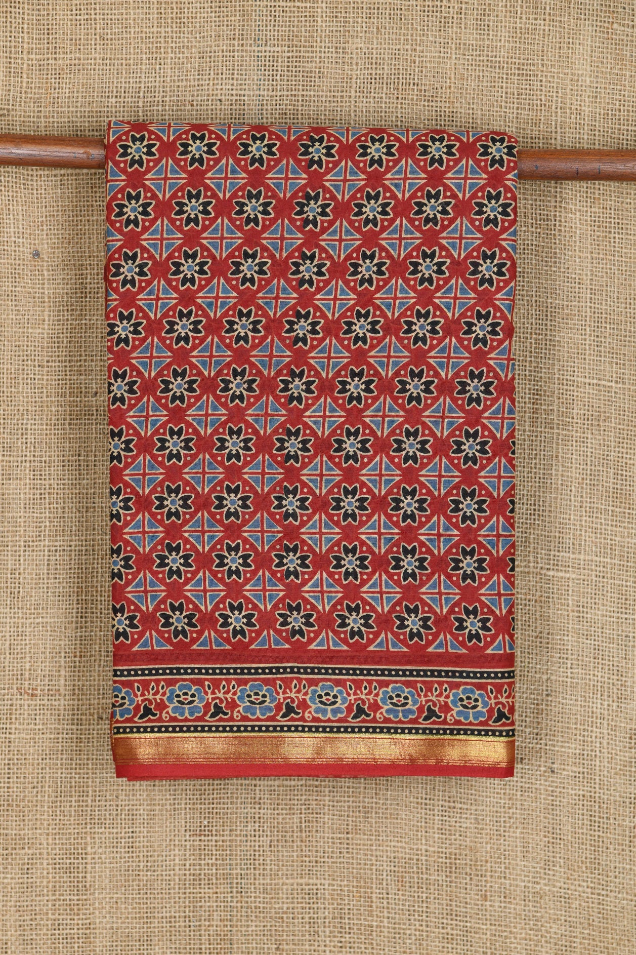 Small Zari Border With Floral Design Ochre Red Ajrakh Printed Ahmedabad Cotton Saree