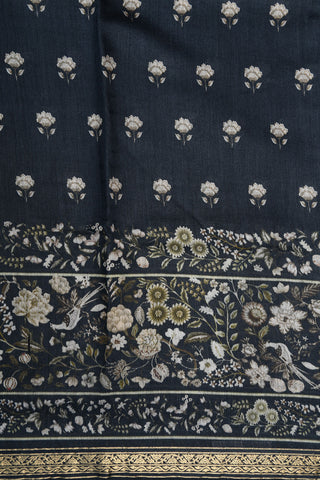 Small Zari Border With Floral Digital Printed Black Soft Tussar Silk Saree